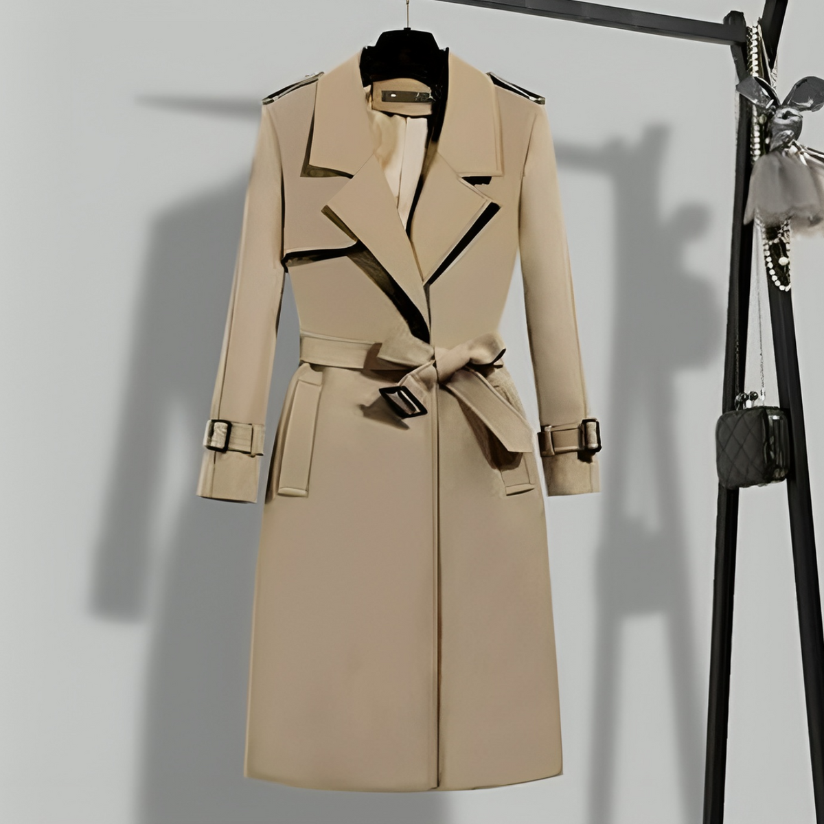 Women's Belted Trench Coat with Notched Lapel - Khaki