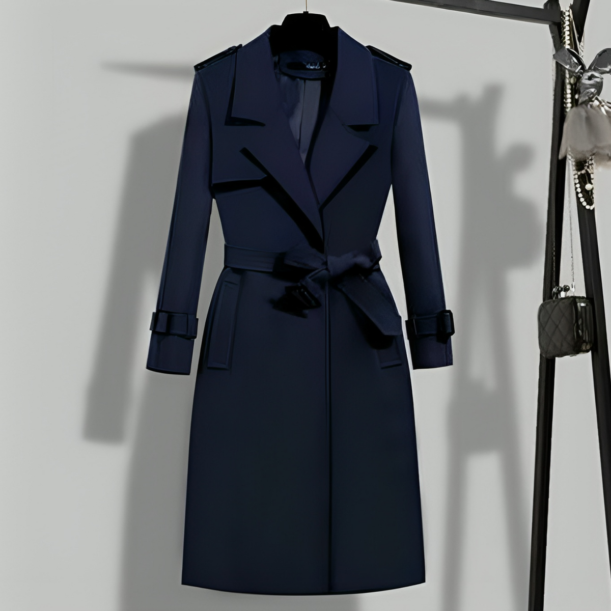 Women's Belted Trench Coat with Notched Lapel - Black