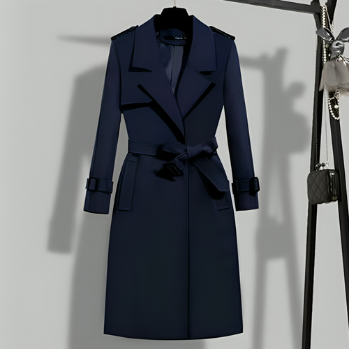 Women's Belted Trench Coat with Notched Lapel - Black