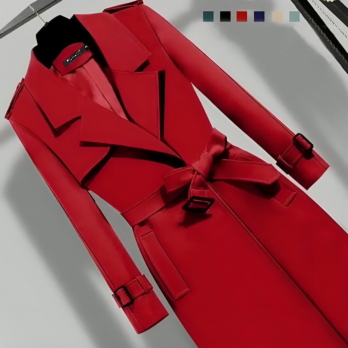 Women's Belted Trench Coat with Notched Lapel - Red