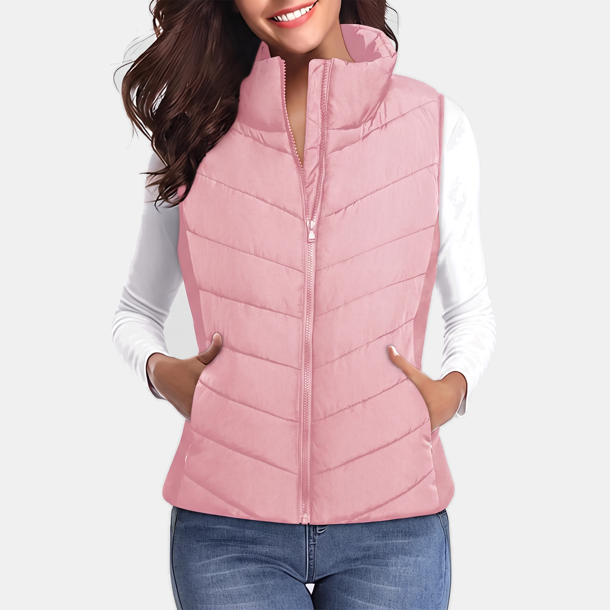 Women's Quilted Puffer Gilet Stand Collar Zip Up Sleeveless Gilet - Apricot Pink