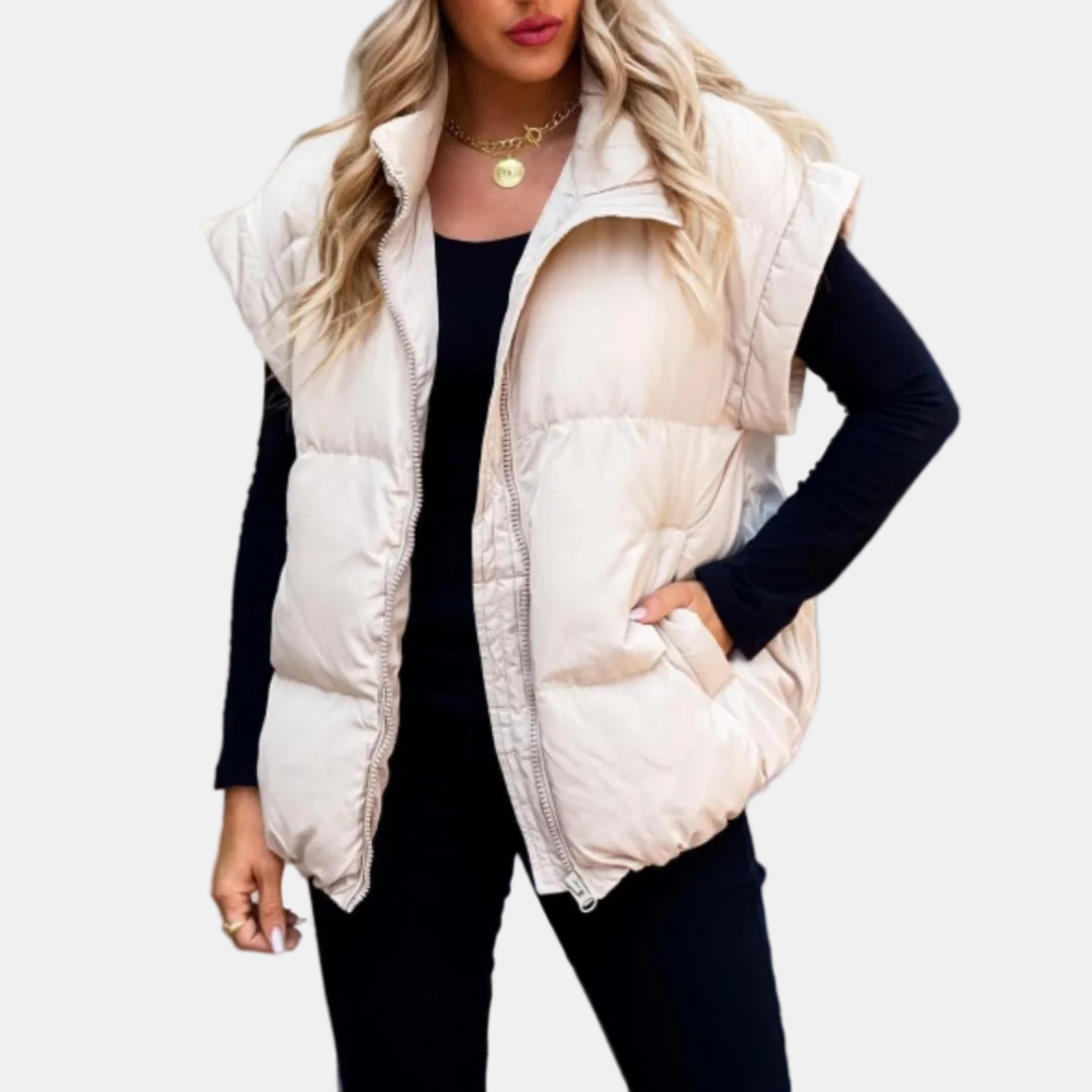 Women's Puffer Gilet Oversized Quilted Sleeveless Stand Collar with Pockets - Apricot
