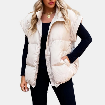 Women's Puffer Gilet Oversized Quilted Sleeveless Stand Collar with Pockets - Apricot