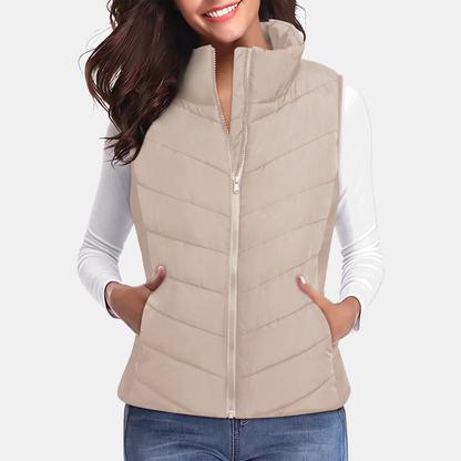 Women's Quilted Puffer Gilet Stand Collar Zip Up Sleeveless Gilet - Apricot
