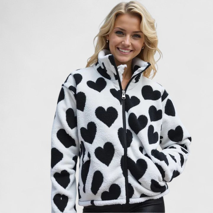 Women's Fleece Jacket with Heart Print and Stand Collar
