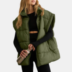 Women's Puffer Gilet Oversized Quilted Sleeveless Stand Collar with Pockets - Army Green
