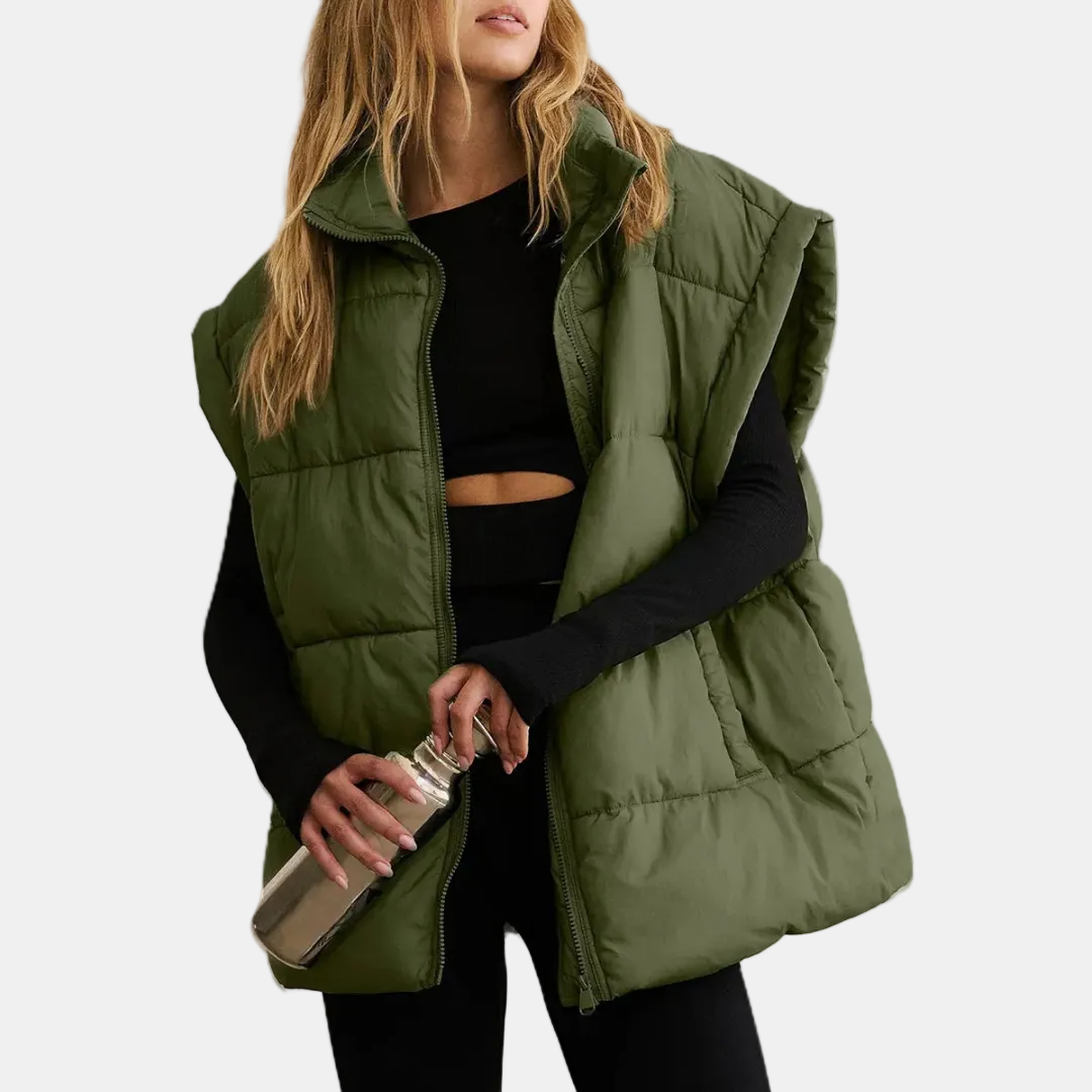 Women's Puffer Gilet Oversized Quilted Sleeveless Stand Collar with Pockets - Army Green