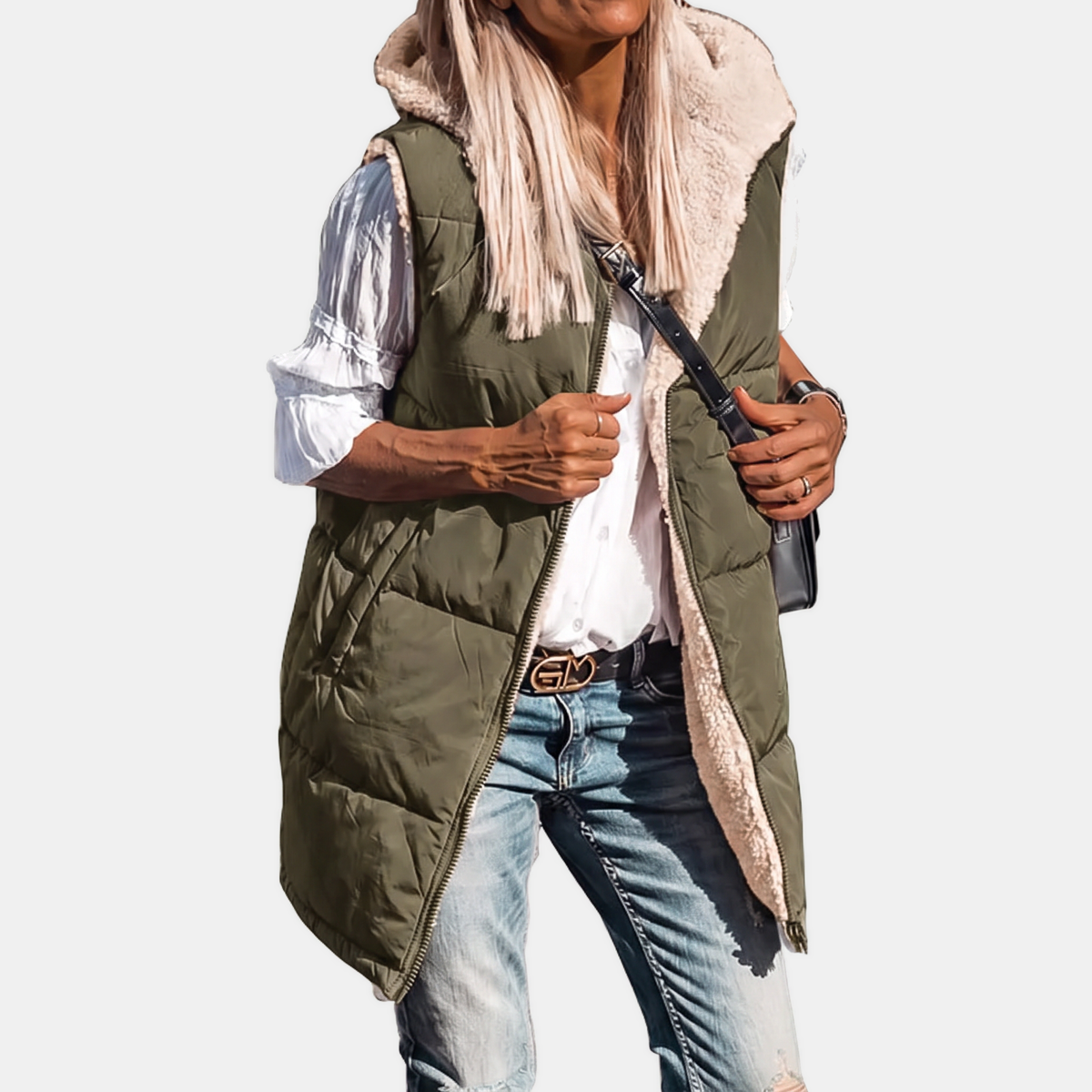 Women's Reversible Puffer Gilet Sherpa Lined Hooded Sleeveless Coat - Army Green