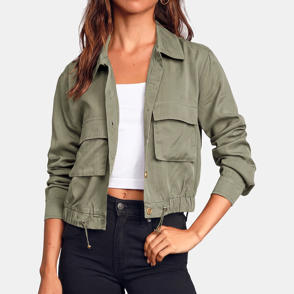 Women's Cropped Utility Windbreaker Jacket with Drawstring Hem - Army Green