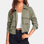Women's Cropped Utility Windbreaker Jacket with Drawstring Hem - Army Green