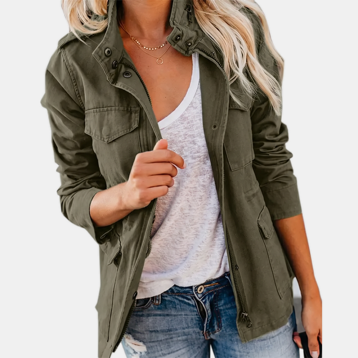 Women's Utility Cargo Jacket with Multi Pocket Drawstring Waist - Army Green