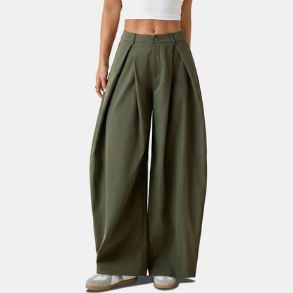Women's Pleated Low Rise Wide Leg Trousers - Army Green