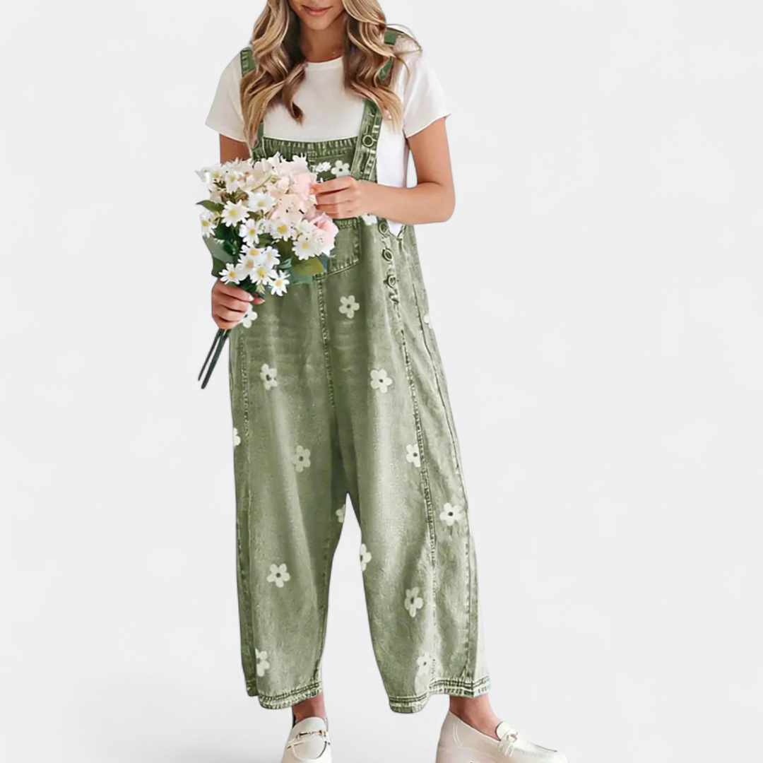 Women's Floral Print Wide-Leg Denim Dungarees - Army Green