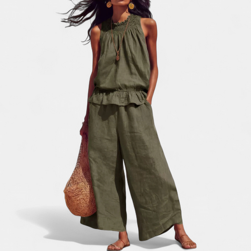 Women's Breezy Linen Wide-Leg Two-Piece Set - Army Green