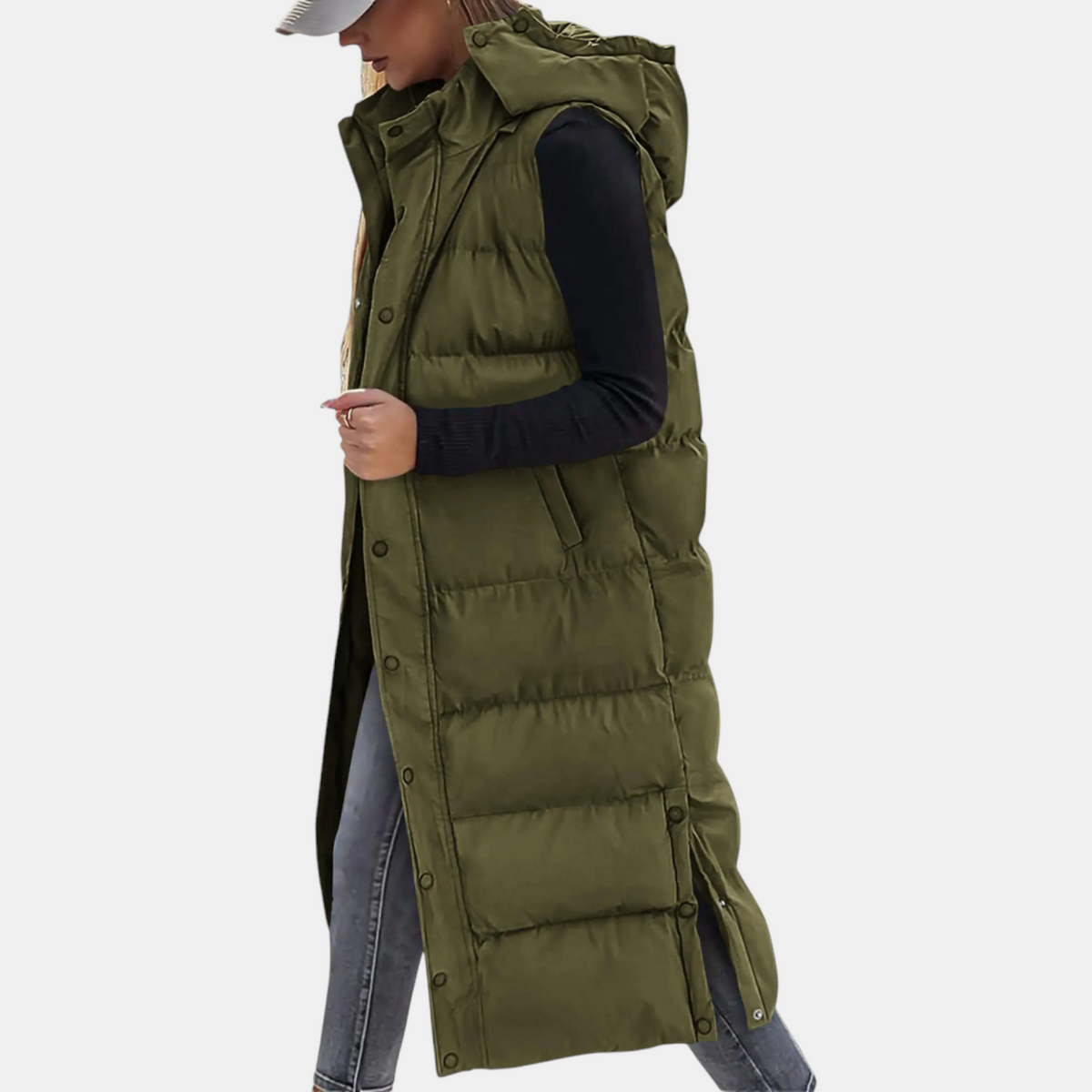 Women's Puffer Gilet Quilted Hooded Maxi Length Button Down - Army Green