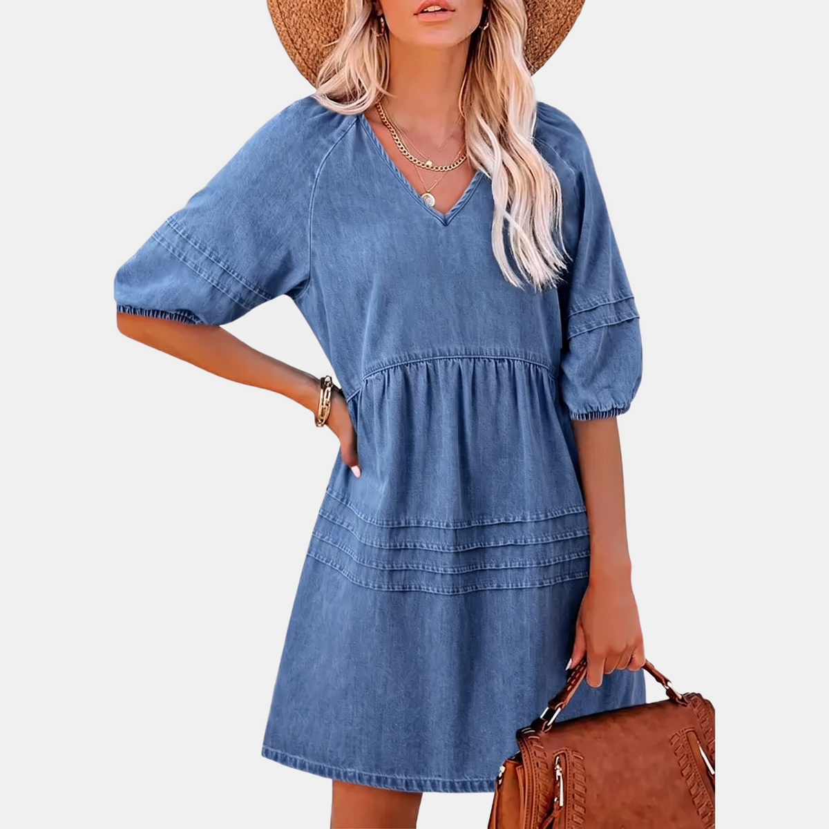 Women's Puff Sleeve Empire Waist V-Neck Mini Dress - Ashleigh Blue