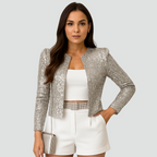 Women's Sequin Mini Blazer Long Sleeve Collarless Open Front - Silver