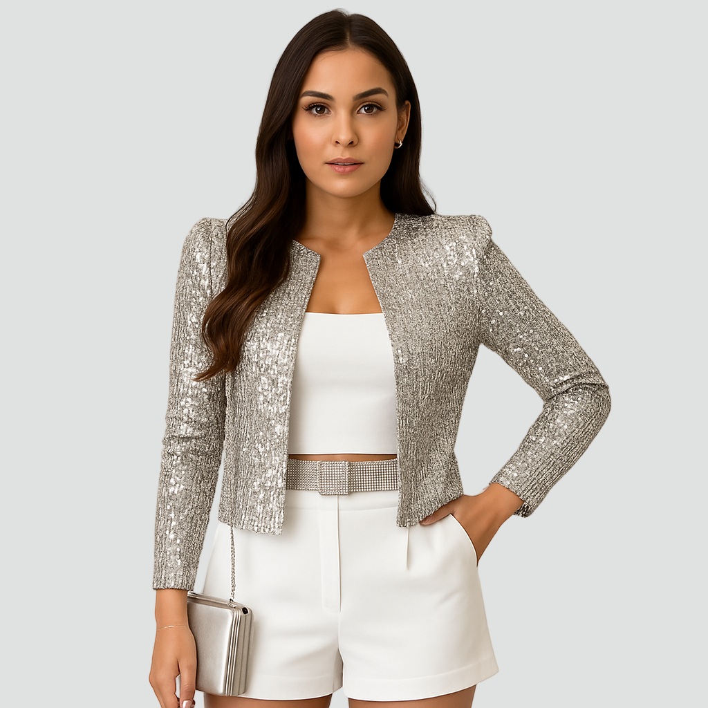 Women's Sequin Mini Blazer Long Sleeve Collarless Open Front - Silver