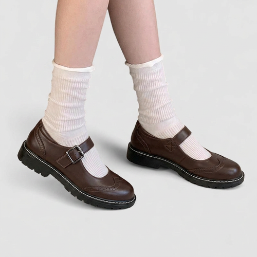 Women's Vintage Brogue Mary Jane Shoes with Buckle Strap - Dark Brown