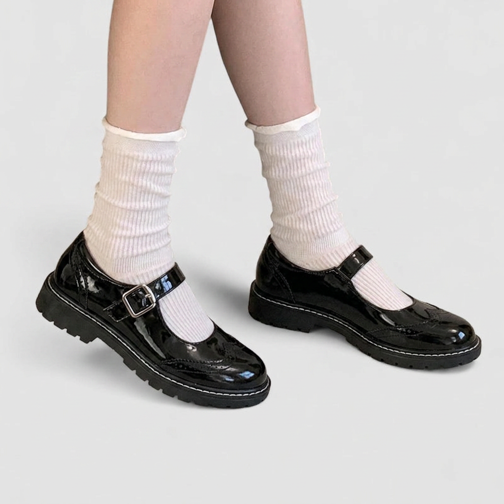 Women's Vintage Brogue Mary Jane Shoes with Buckle Strap - Patent Black