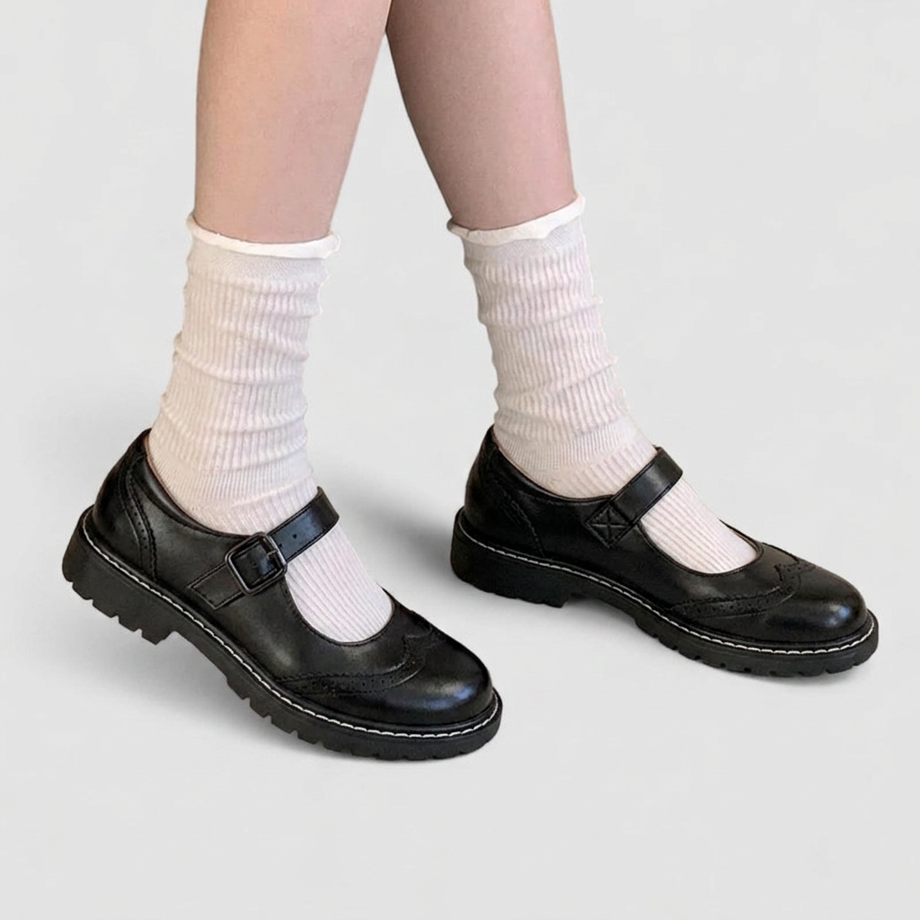 Women's Vintage Brogue Mary Jane Shoes with Buckle Strap - Matte Black