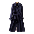 Women's Long Trench Coat with Double Button Fastening and Classic Collar - 16