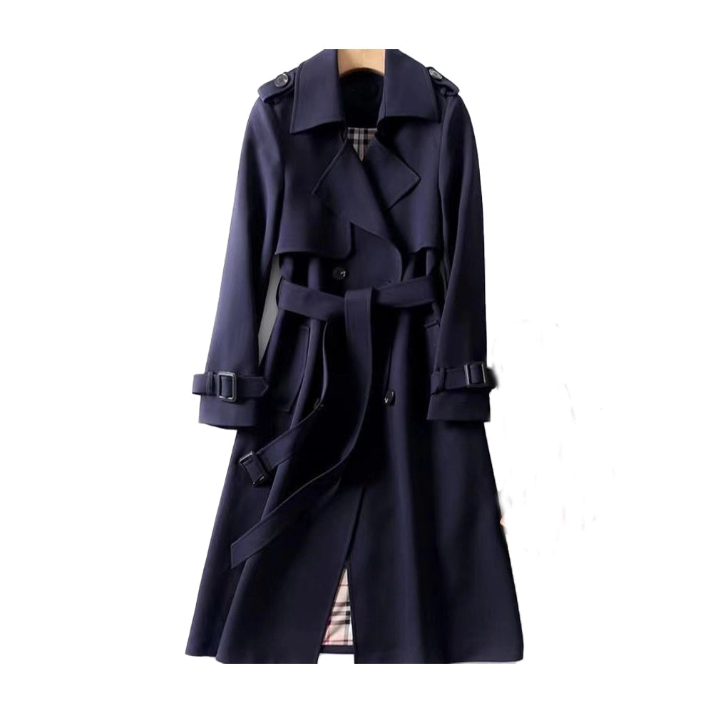 Women's Long Trench Coat with Double Button Fastening and Classic Collar - 16