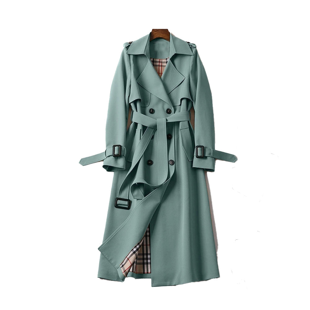Women's Long Trench Coat with Double Button Fastening and Classic Collar - 18