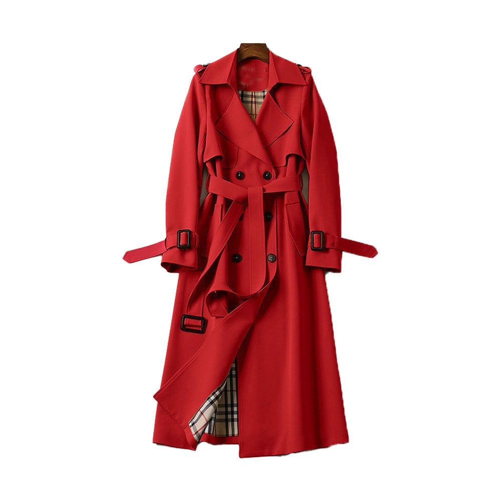 Women's Long Trench Coat with Double Button Fastening and Classic Collar - 19