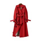 Women's Long Trench Coat with Double Button Fastening and Classic Collar - 19