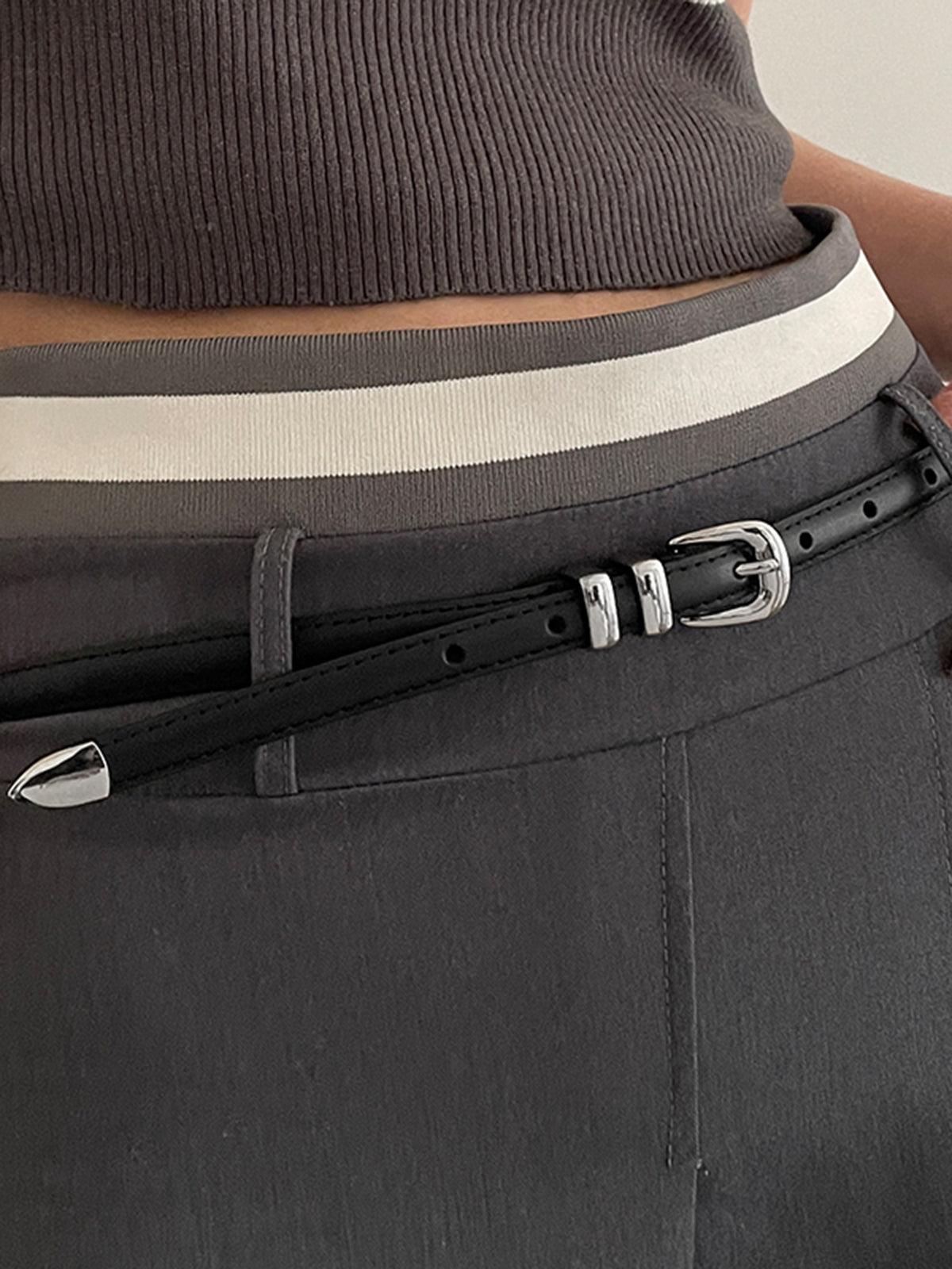 Women's Slim Leather Belt with Double-Loop Buckle
