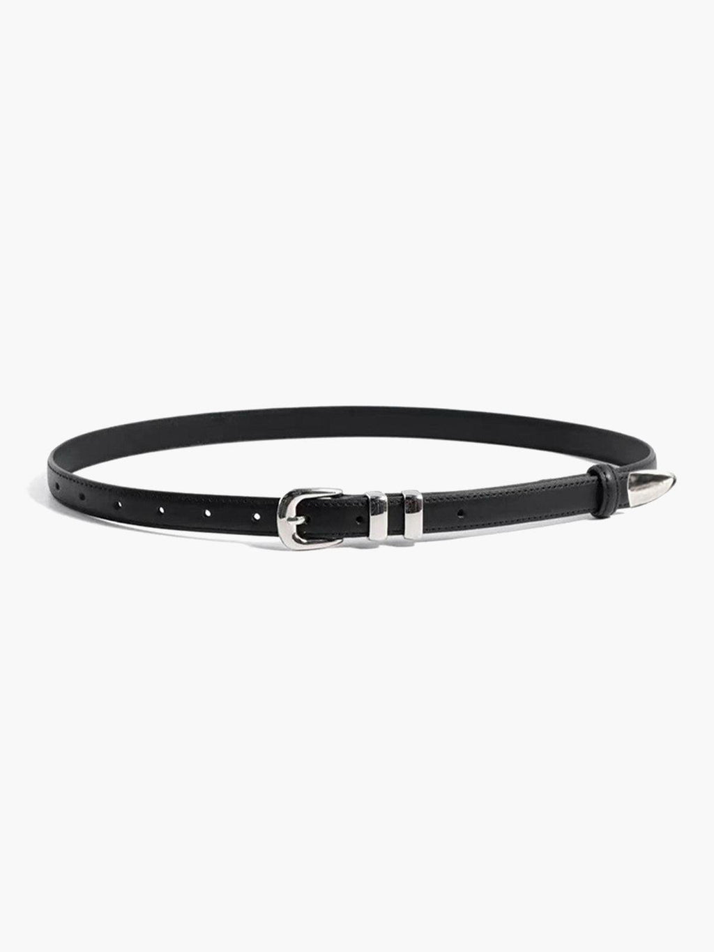 Women's Slim Leather Belt with Double-Loop Buckle - Black