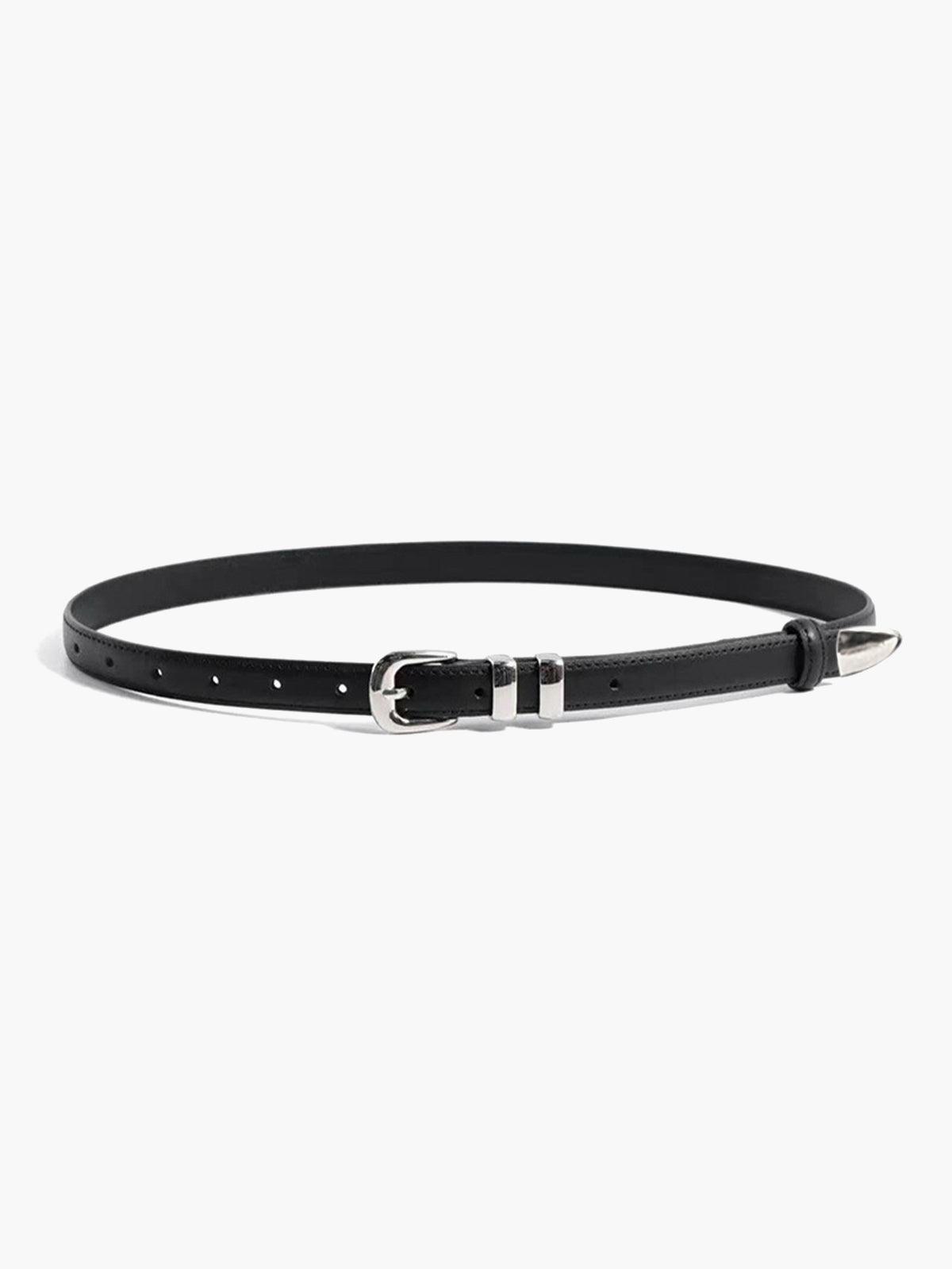 Women's Slim Leather Belt with Double-Loop Buckle - Black