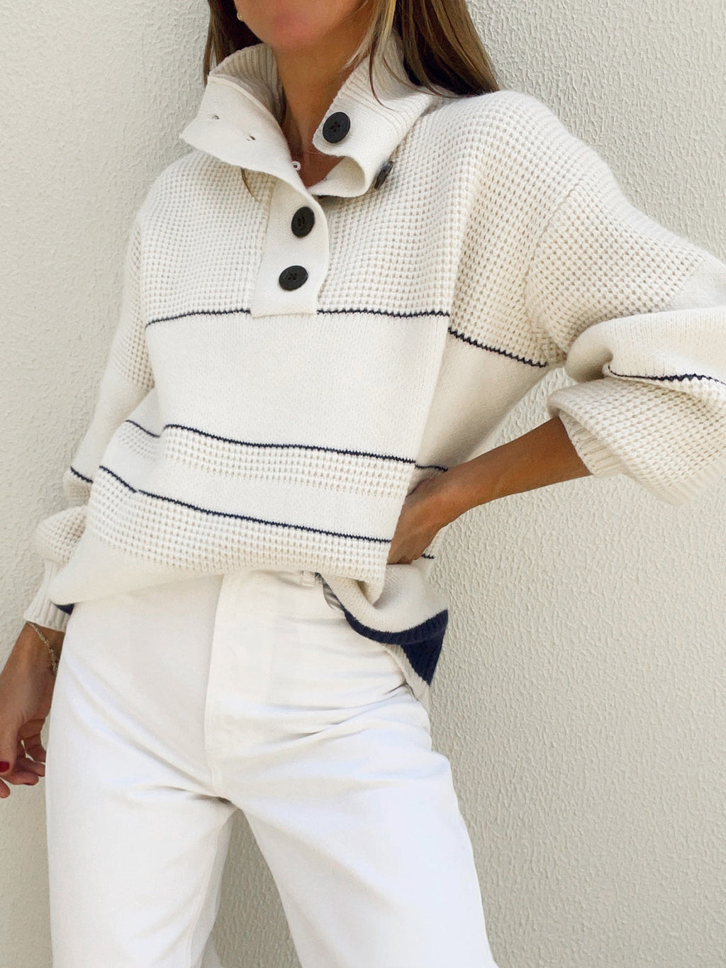 Women's Knit Jumper with Open Collar and Button Placket - 2