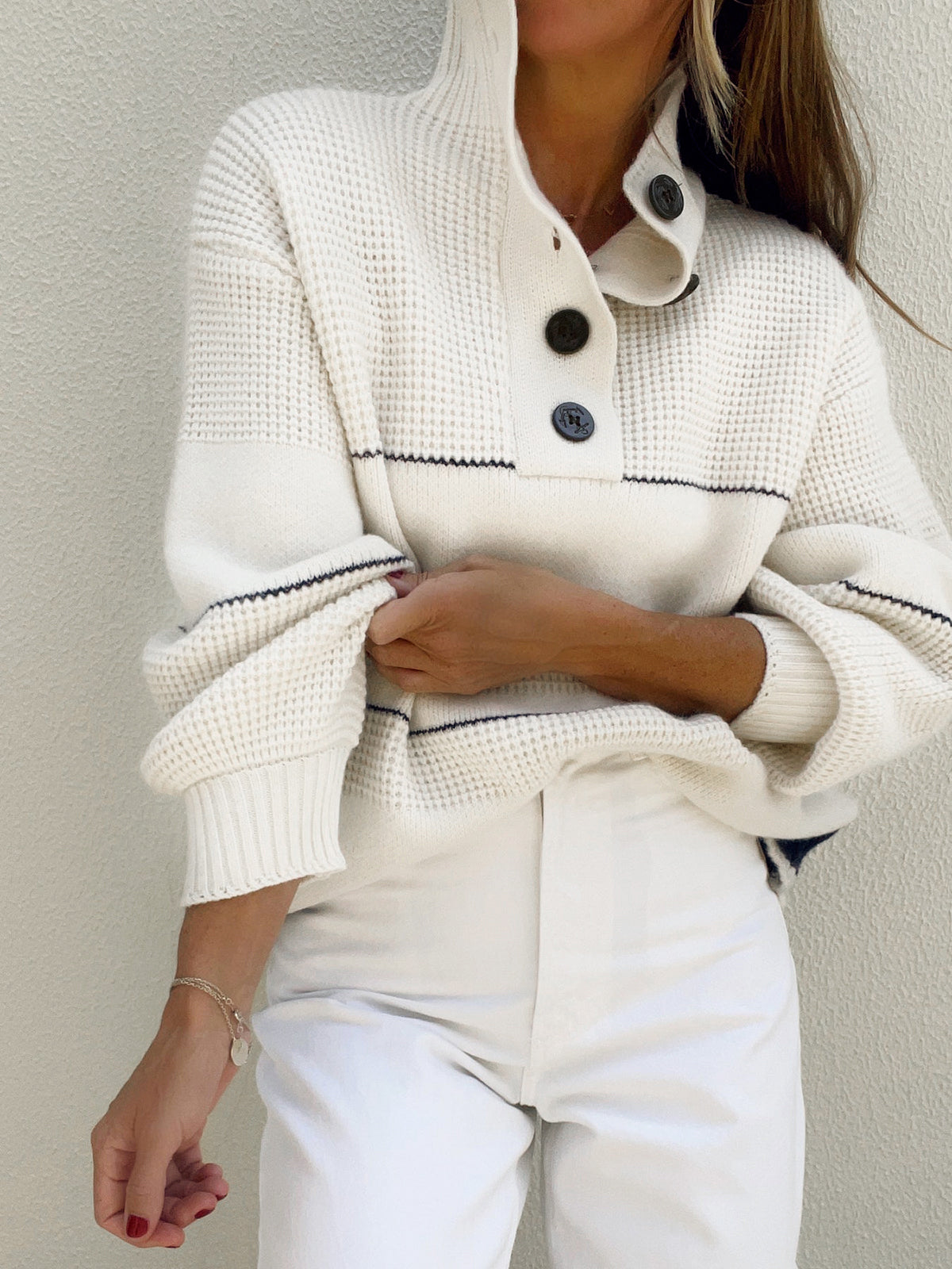 Women's Knit Jumper with Open Collar and Button Placket - 4