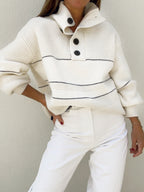 Women's Knit Jumper with Open Collar and Button Placket - 5