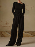 Women's Ribbed Top Asymmetric Neckline Long Sleeve Slim Fit - 4