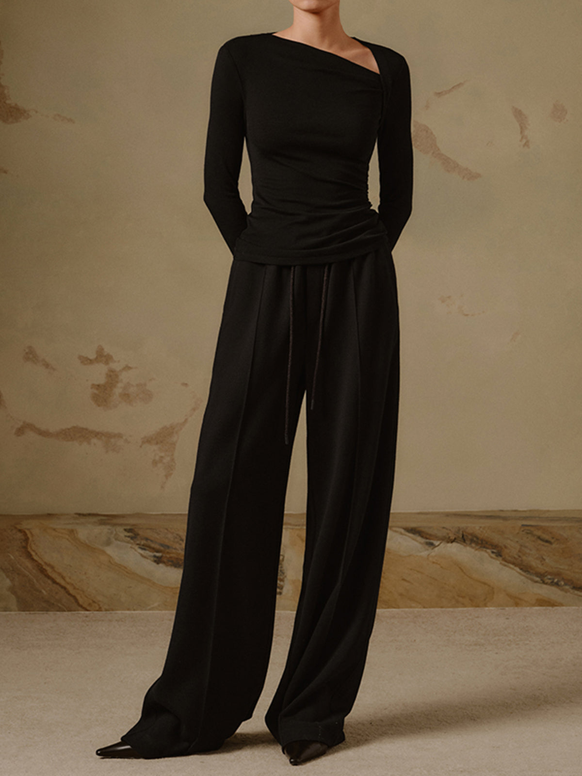 Women's Ribbed Top Asymmetric Neckline Long Sleeve Slim Fit - 4
