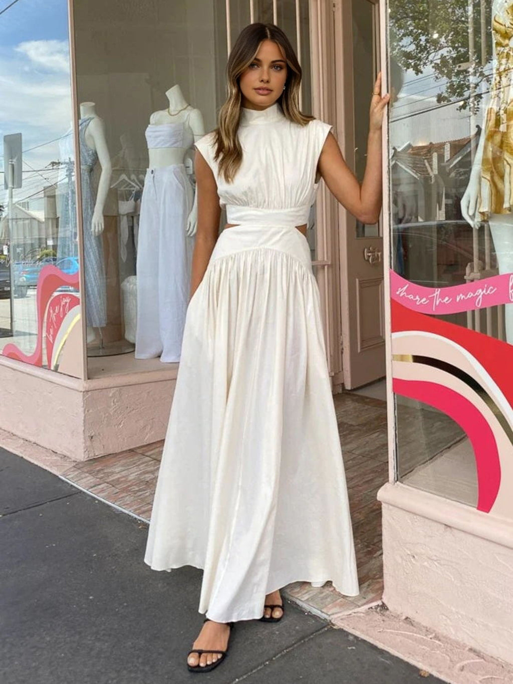 Women's Mock Neck Maxi Dress with Open Back and Pleated Detail - 3