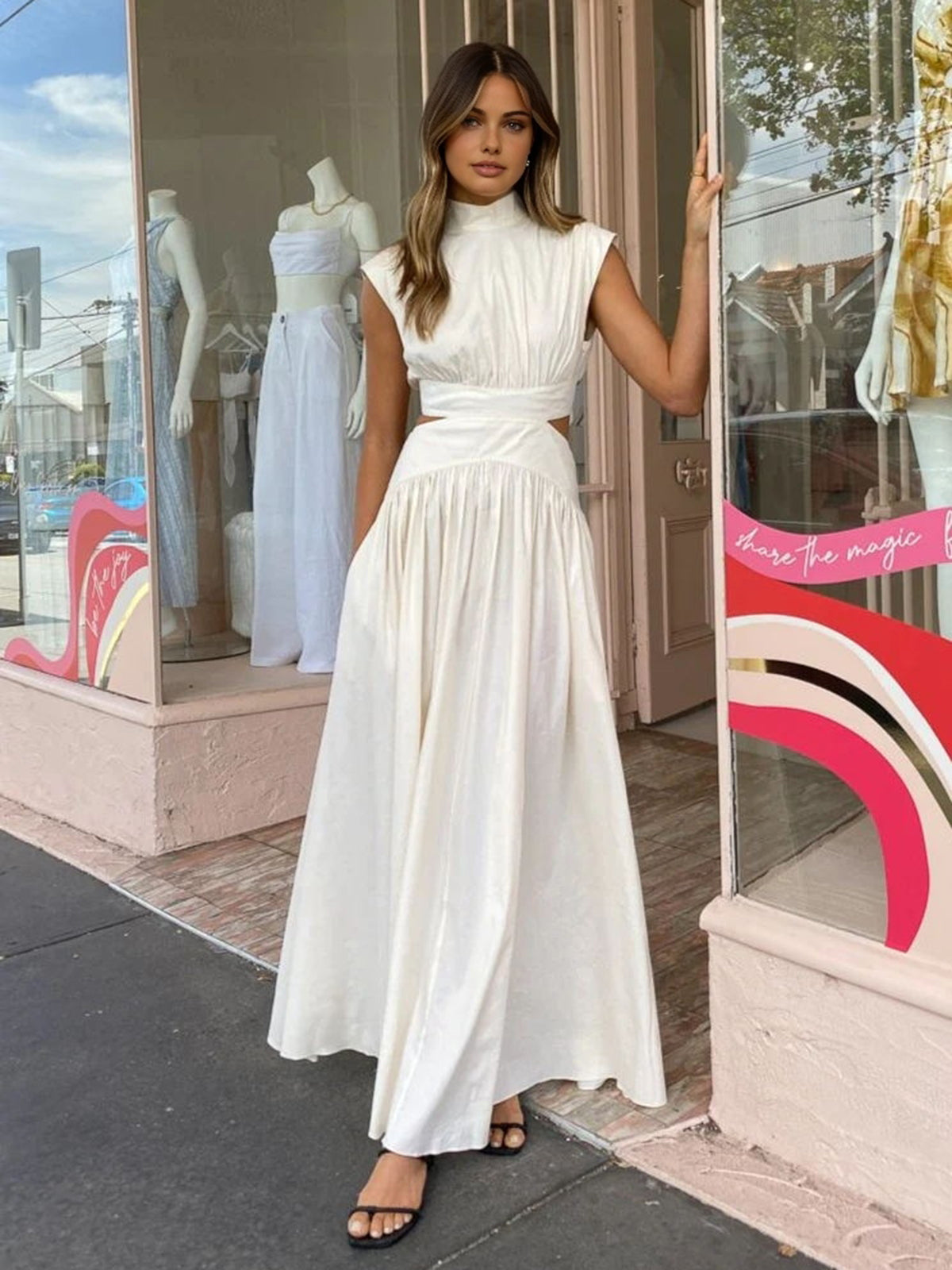 Women's Mock Neck Maxi Dress with Open Back and Pleated Detail - 3