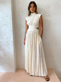 Women's Mock Neck Maxi Dress with Open Back and Pleated Detail - White