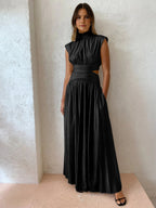 Women's Mock Neck Maxi Dress with Open Back and Pleated Detail - Black