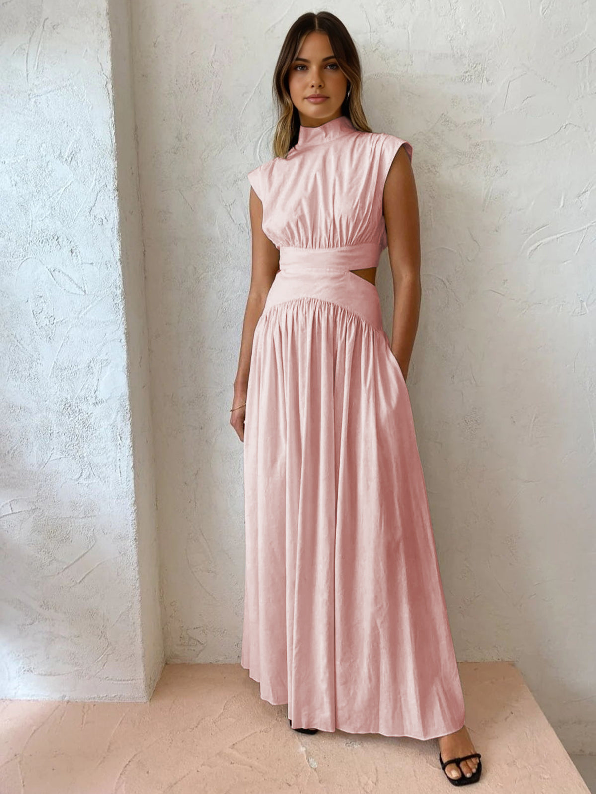 Women's Mock Neck Maxi Dress with Open Back and Pleated Detail - Pink
