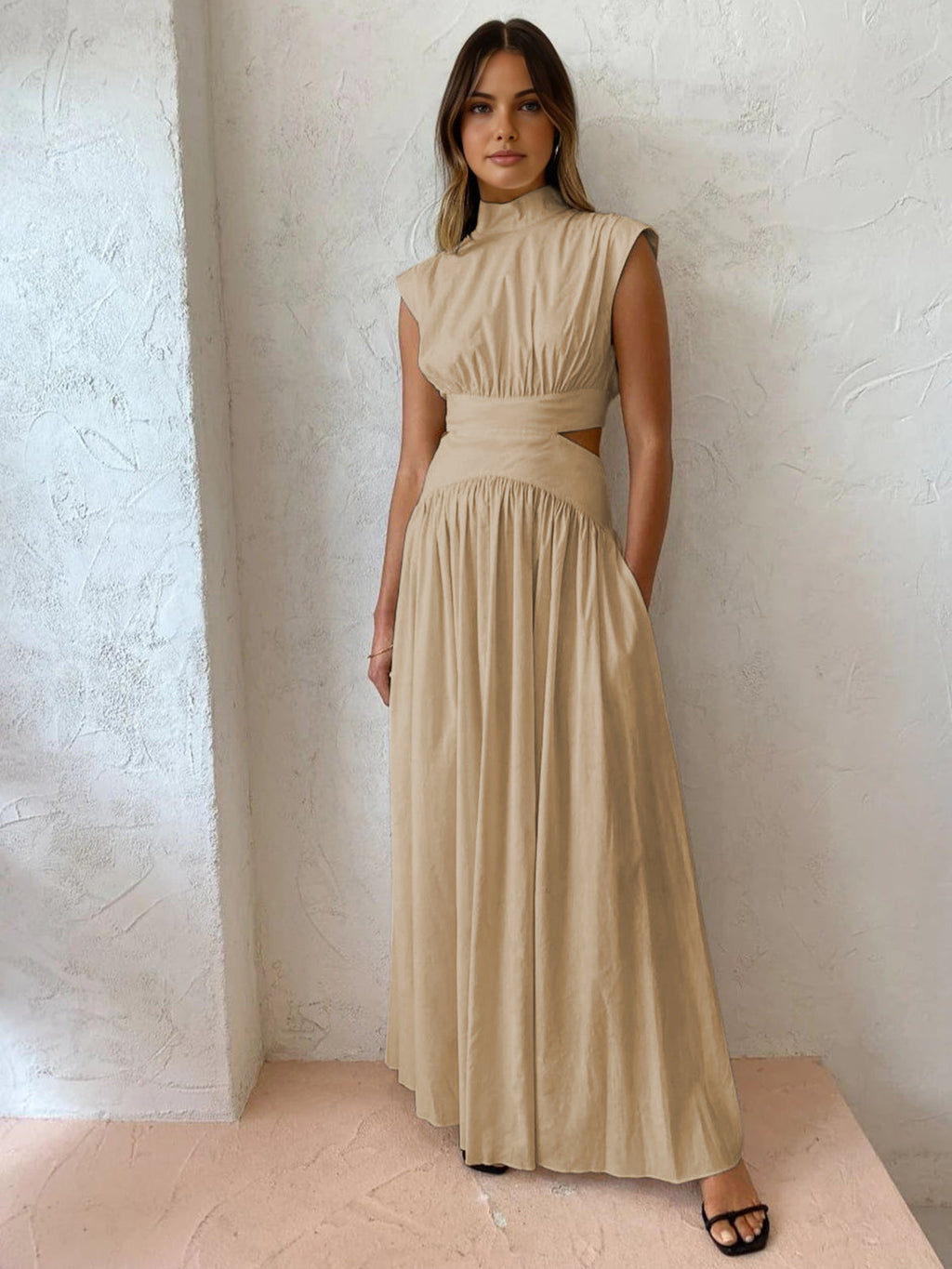 Women's Mock Neck Maxi Dress with Open Back and Pleated Detail - Khaki