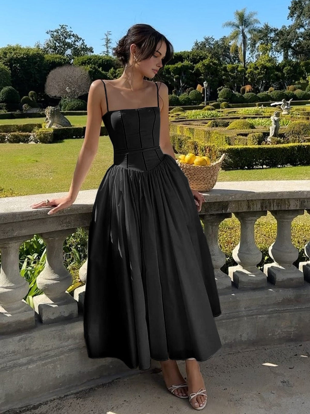 Women's Corset Midi Dress Strapless with Flowing Skirt - Black