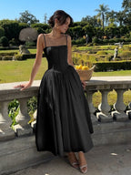 Women's Corset Midi Dress Strapless with Flowing Skirt - Black