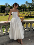 Women's Corset Midi Dress Strapless with Flowing Skirt - White