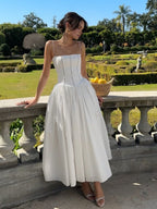 Women's Corset Midi Dress Strapless with Flowing Skirt - White