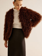 Women's Shaggy Faux Fur Jacket with Relaxed Fit - Brown