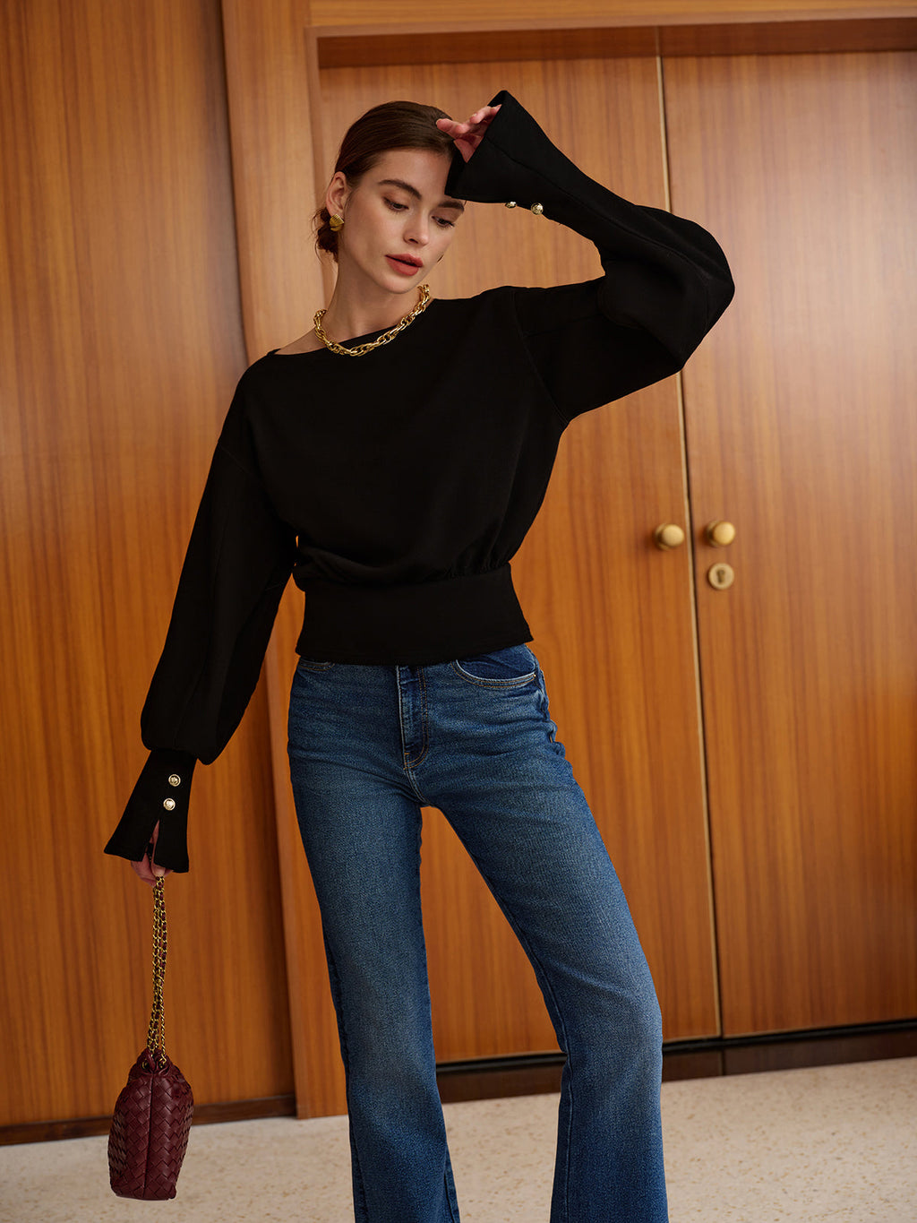 Women's Sweatshirt with Bell Sleeves and Cinched Waist - 4